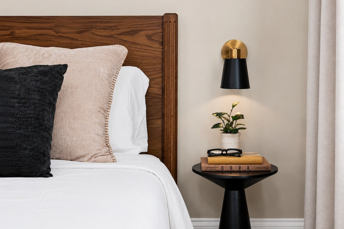 Cambridge apartment — bedroom with custom sconce